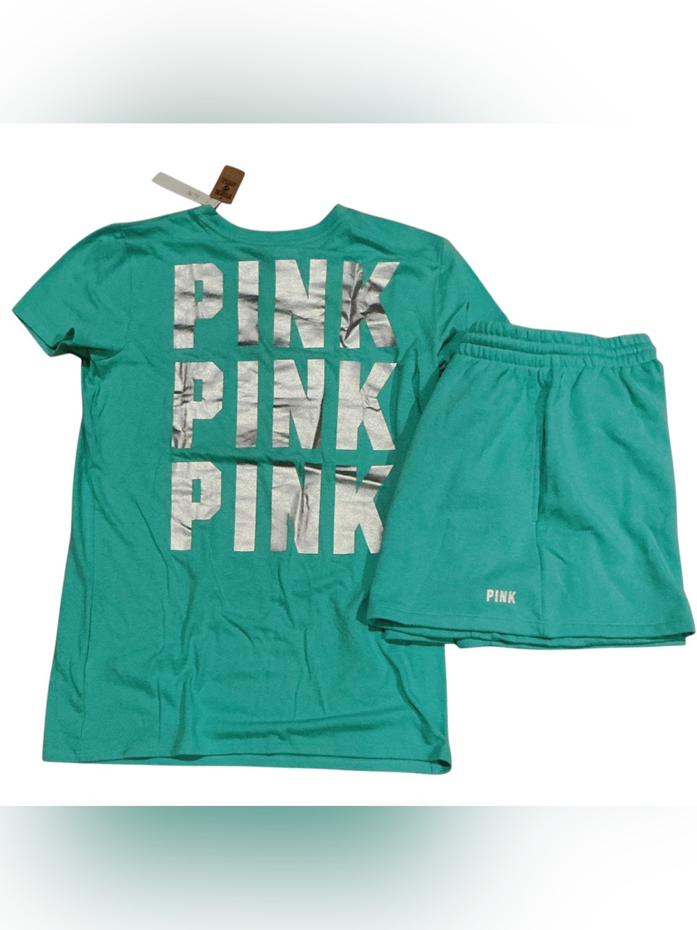 NEW VICTORIAS SECRET PINK TEE SHIRT & SHORTS SET TEAL ICE SHINE XXL